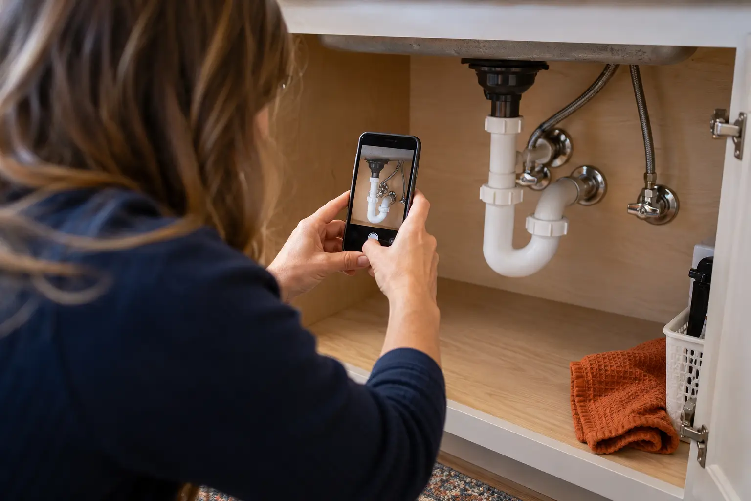 Taking a phone photo of the plumbing under a sink