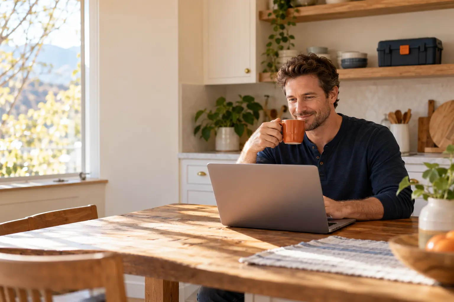Homeowner reading DIY tips on a laptop over morning coffee