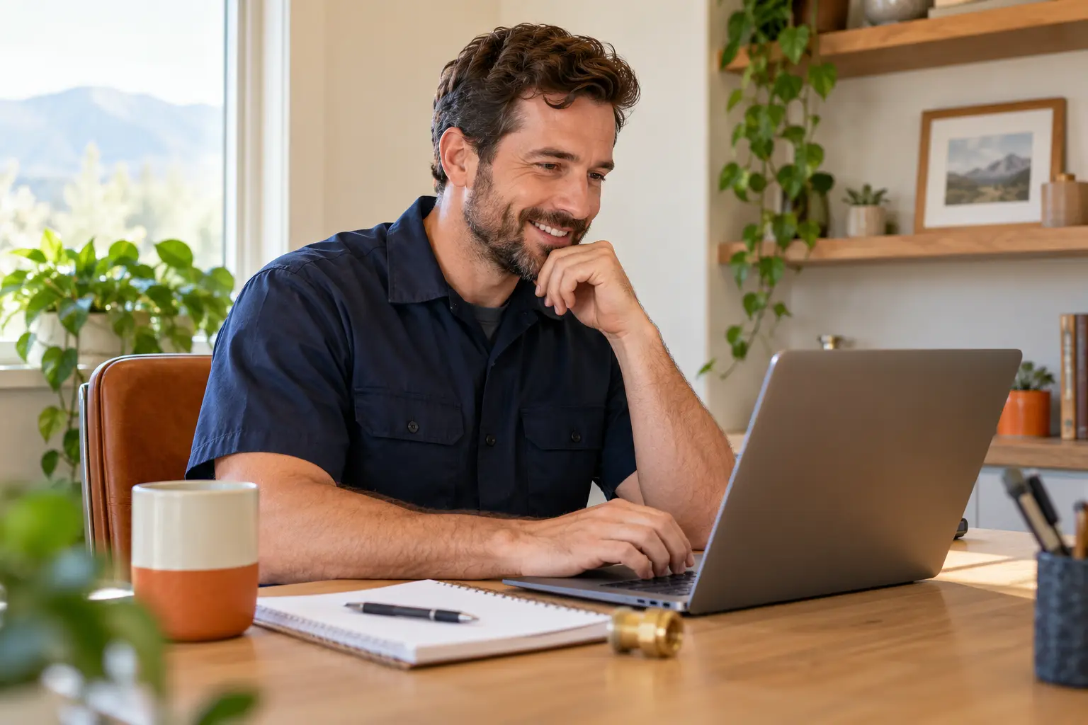 A plumber reading a homeowner's question on a laptop