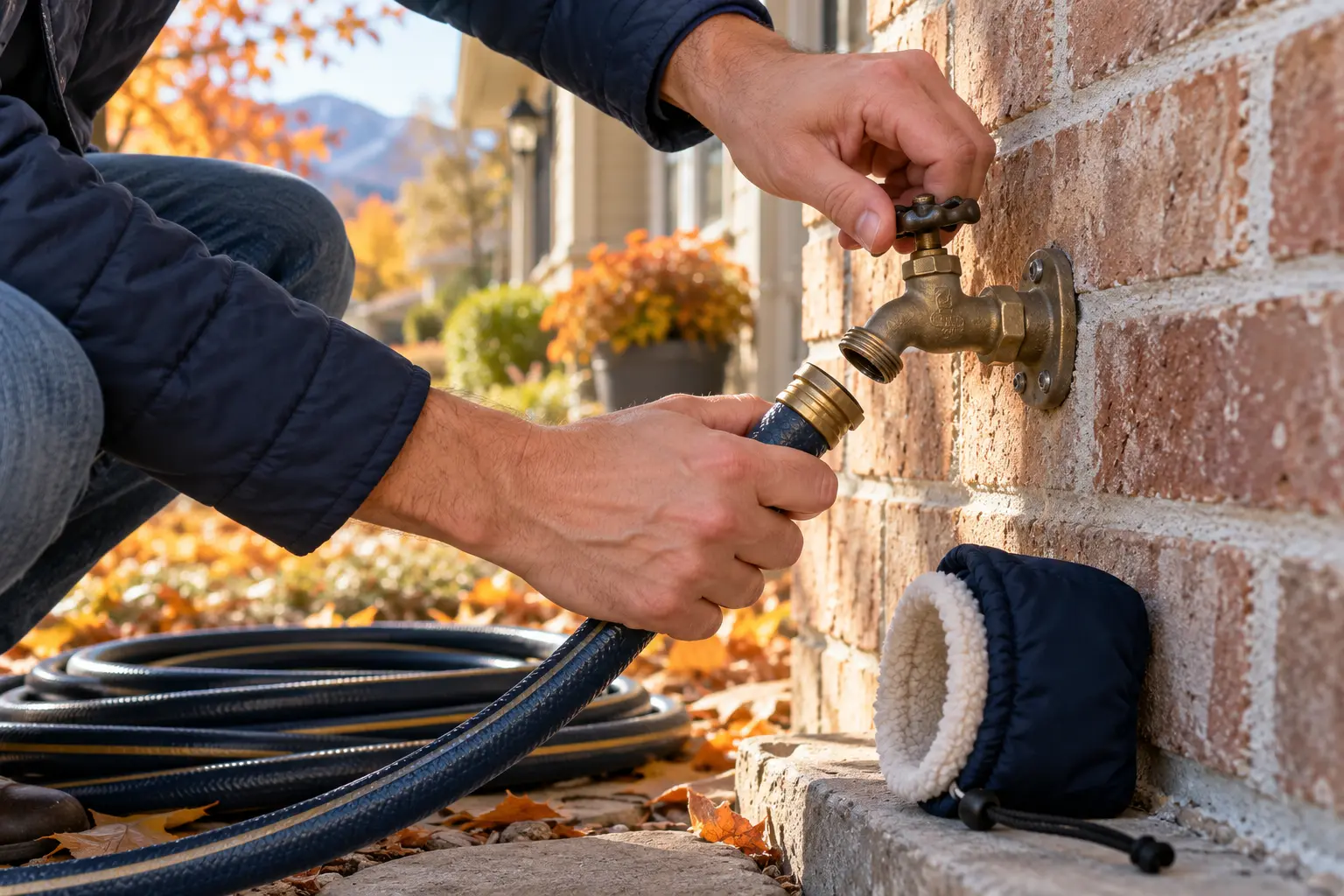 Disconnecting a garden hose from an outdoor faucet in autumn