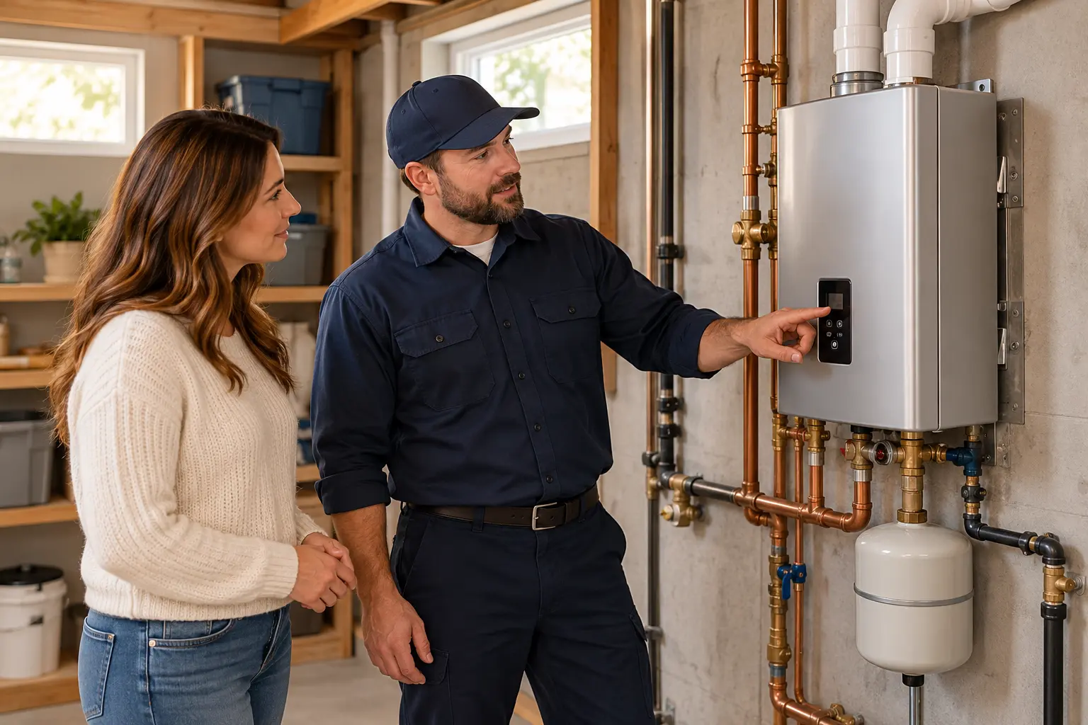 Technician explaining a tankless water heater to a homeowner