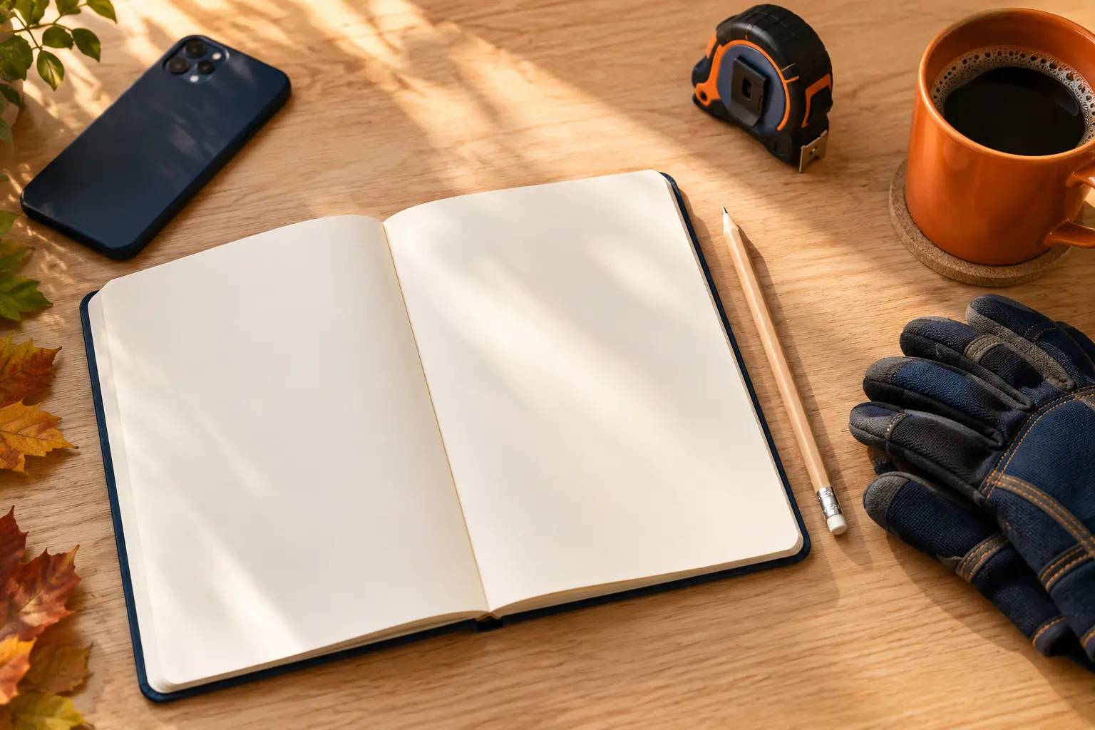 Open notebook, tape measure, gloves, and coffee on a table
