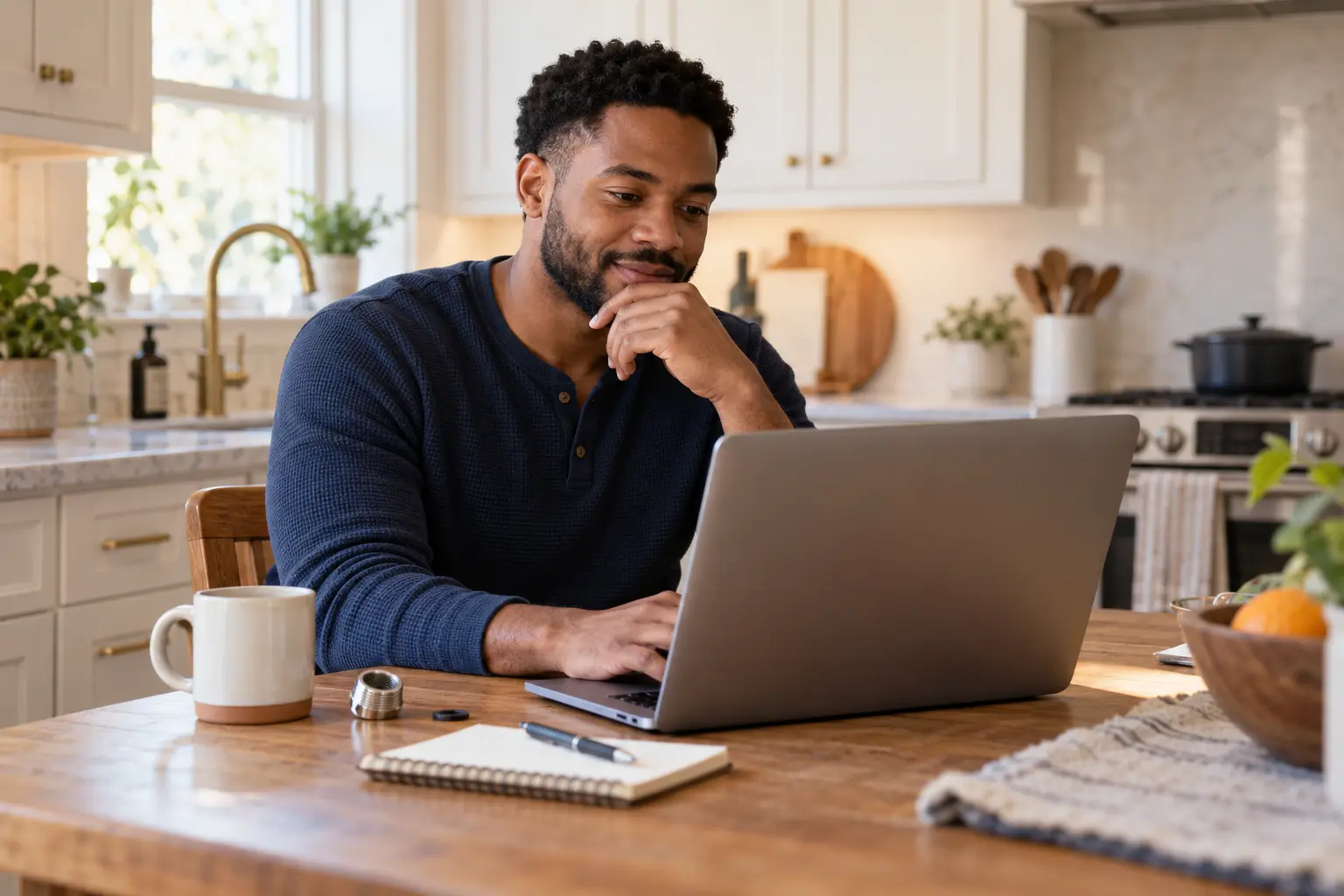 Homeowner typing a home maintenance question at the kitchen table